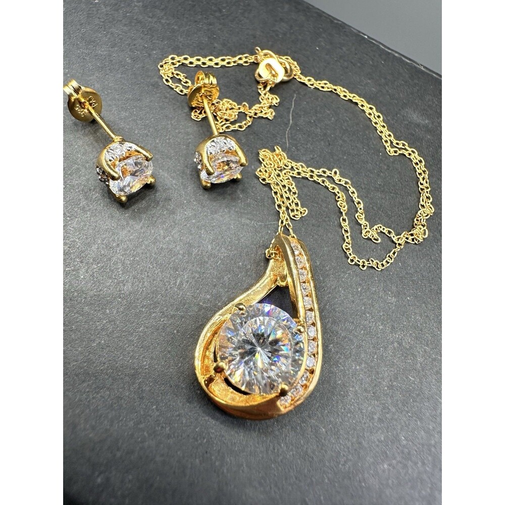 Vermeil Gold 925 Italy Necklace & Earring Set Clear Fire Stone